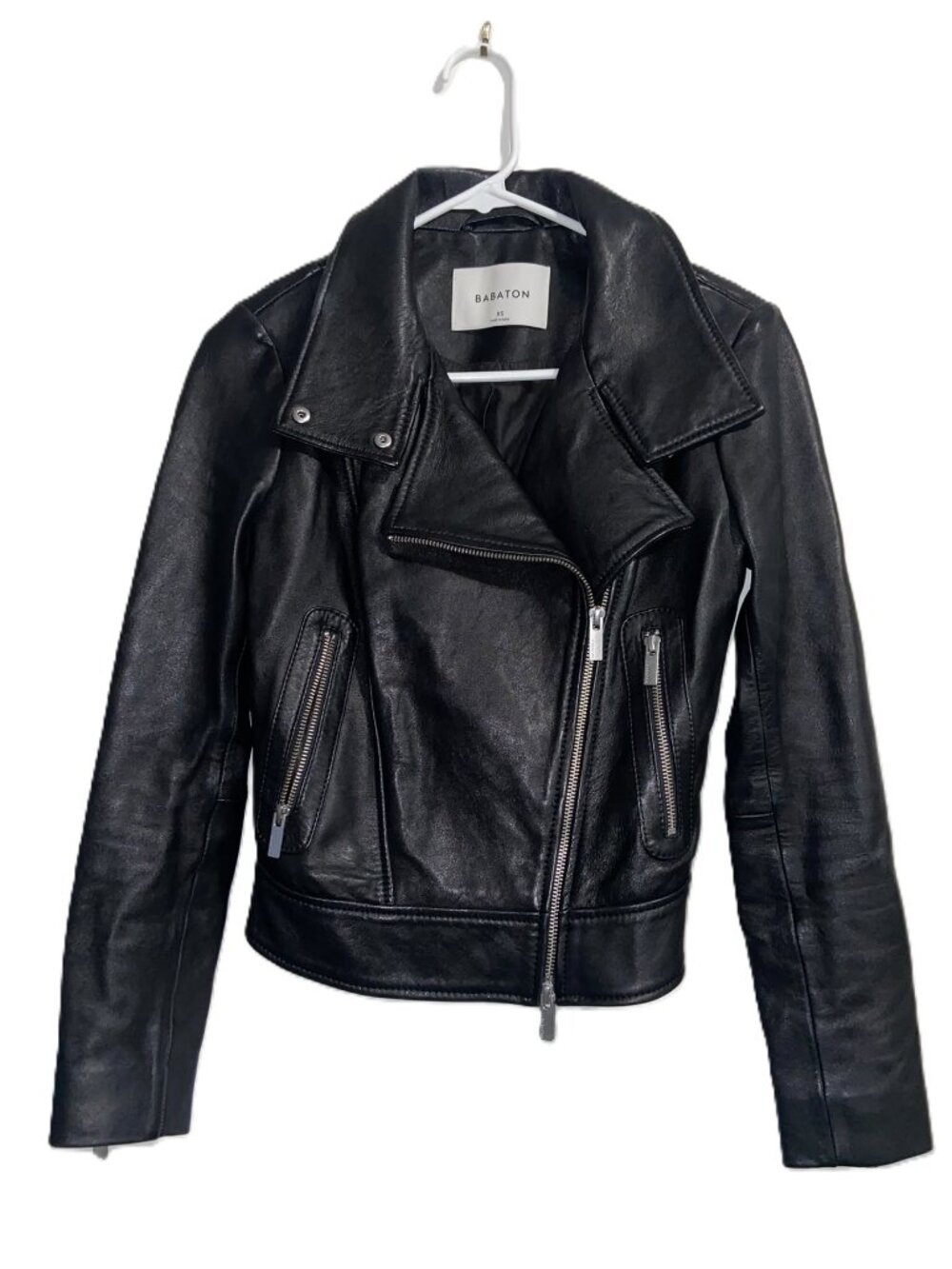Babaton Leather Jacket Funnel Neck Assymetrical Zip Up Black Morrison Size XS